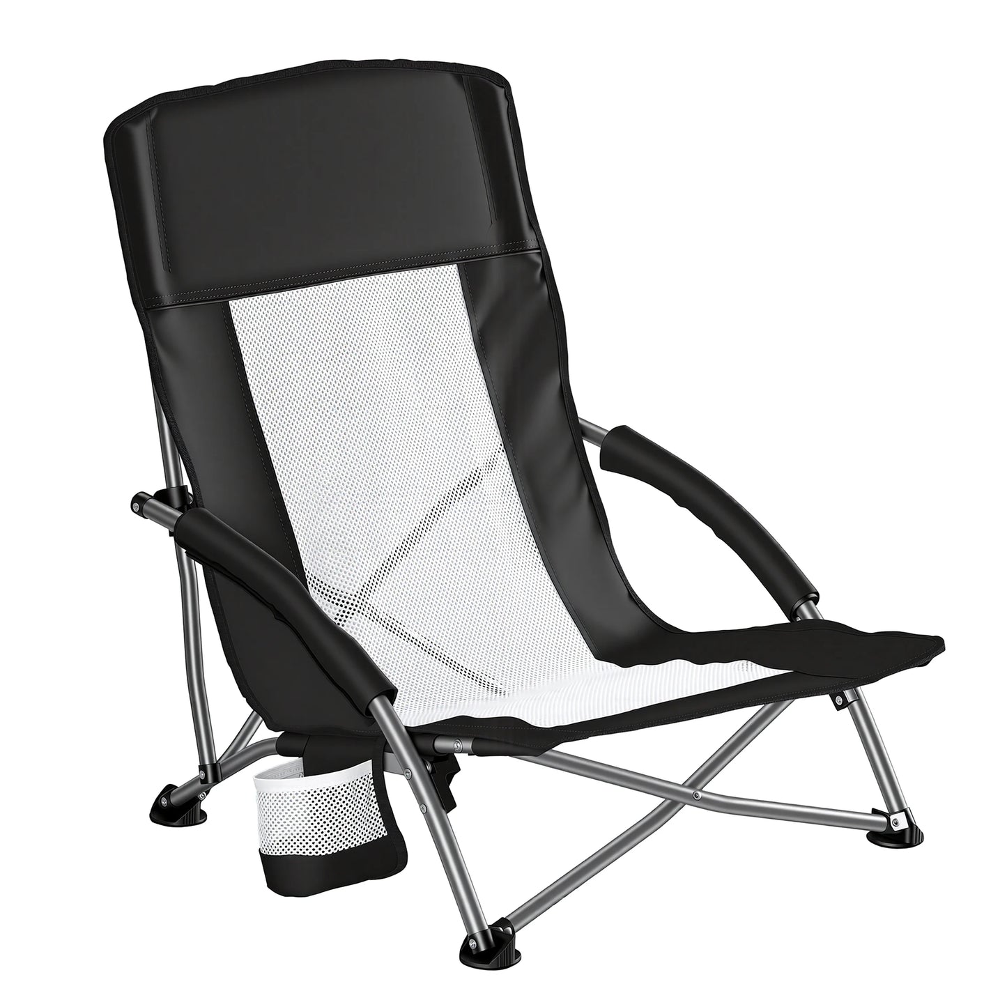 JHK Portable Lightweight Low Camping Beach Chair Mesh Back Padded Armrests Folding Beach Chair with Cup Holder Storage Pocket for Camp Picnic Lawn