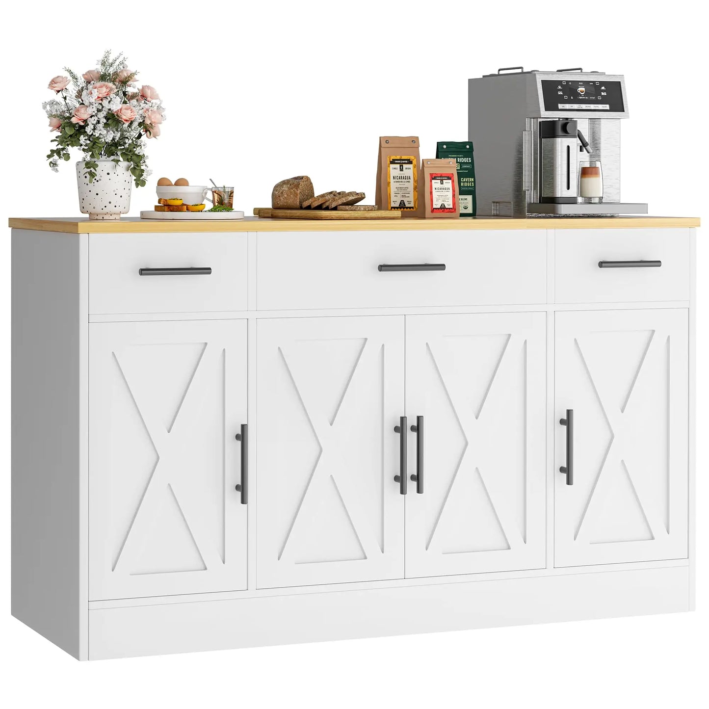 Vongrasig Farmhouse Buffet Cabinet Drawers Adjustable Shelves Large Sideboard Kitchen Dining Room Storage White