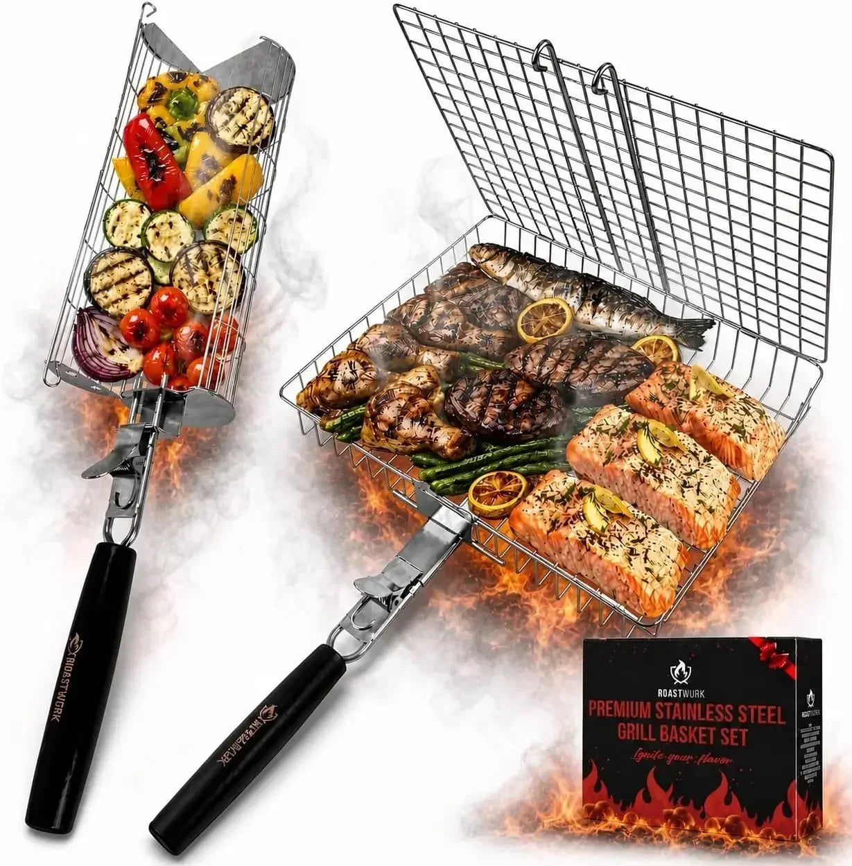 2-in-1 BBQ Grill Basket Set - Stainless Steel 304 for Meat, Fish, Vegetables - Removable Wooden Handle, Outdoor Camping & Tailgating