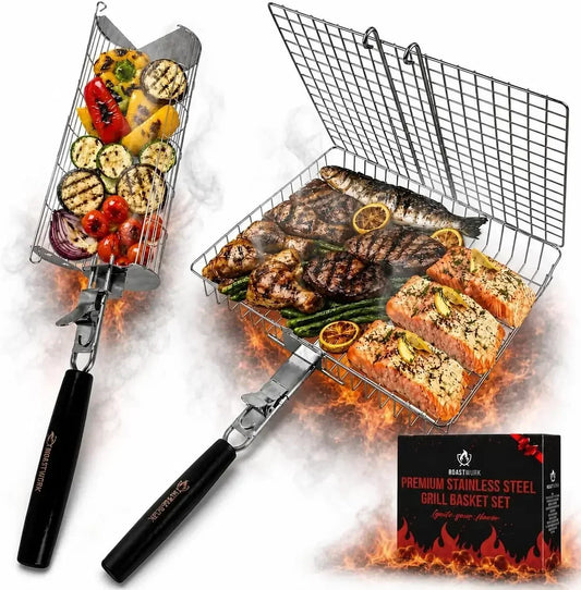 2-in-1 BBQ Grill Basket Set - Stainless Steel 304 for Meat, Fish, Vegetables - Removable Wooden Handle, Outdoor Camping & Tailgating