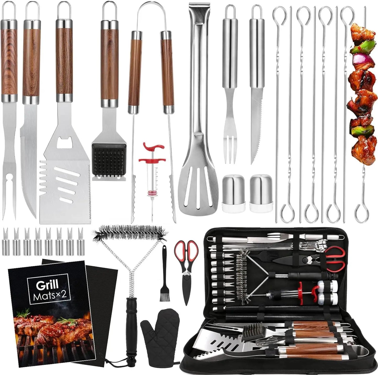34Pcs Heavy Duty Grill Tools Set for Outdoor Camping, Stainless Steel Barbecue Utensils Kit with Mats and Glove in Carrying Bag