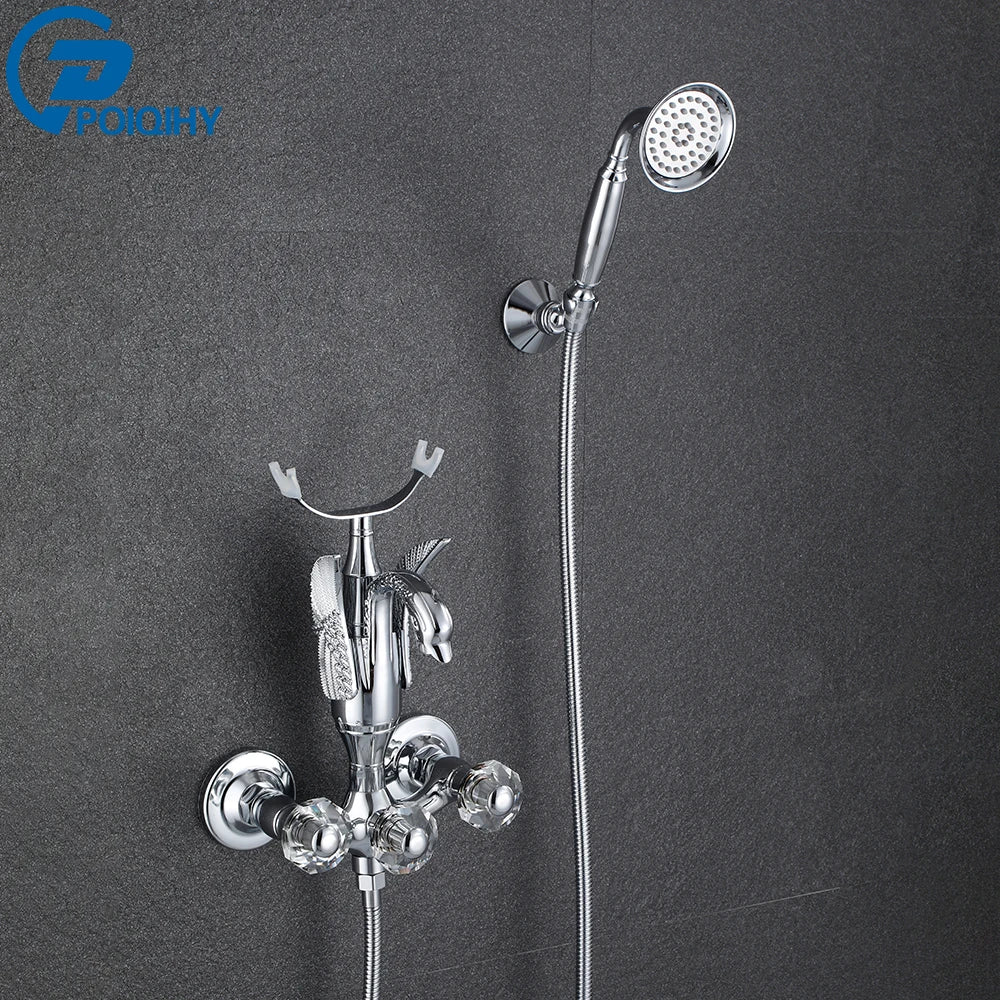 Golden Bath Shower Faucet Set Wall Mounted Swan Bathtub Faucet Bathroom Cold and Hot Bath and Shower Mixer Tap Brass Handshower