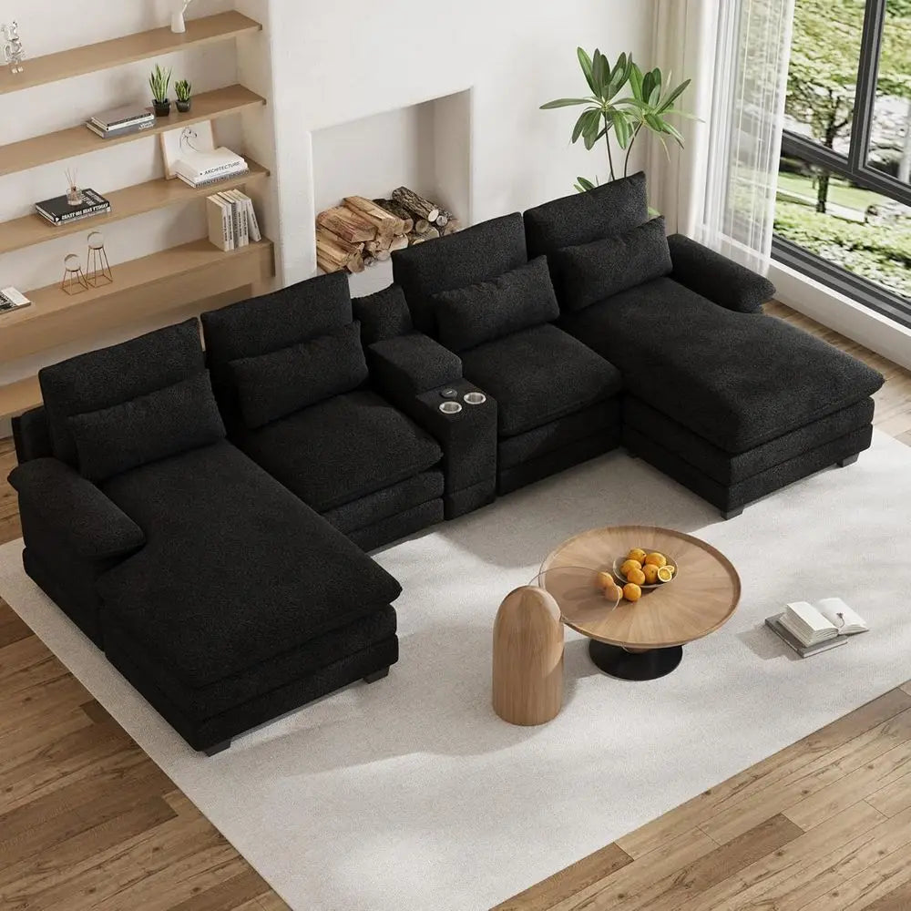 Oversized Plush Chenille Sectional Sofa with Center Console, USB Ports, Cup Holders, Black