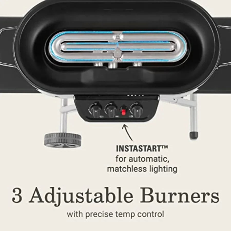 RoadTrip 285 Portable Stand-Up Propane Grill for outdoor cooking, camping, tailgating; stainless steel, black; 3 adjustable bur