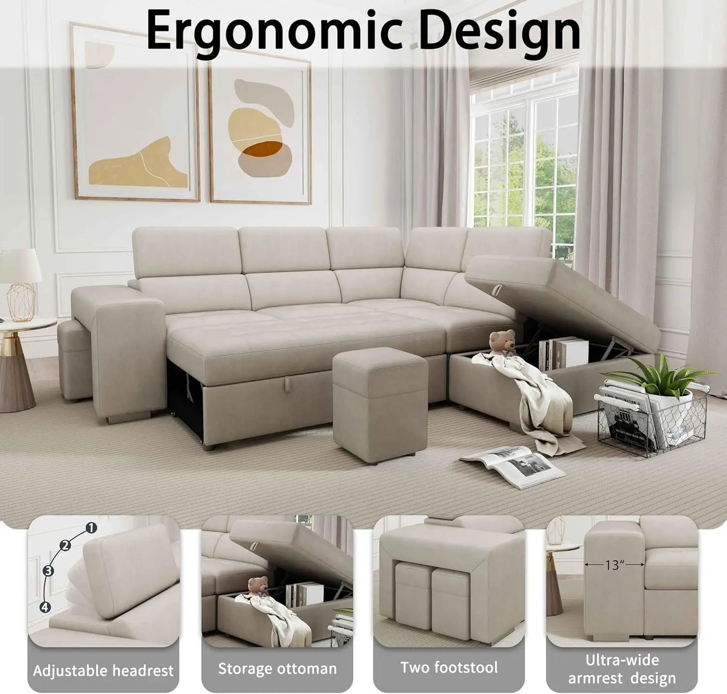 104'' Microfiber L Shaped Sectional Sleeper Sofa Couch with Pull Out Bed and Storage Ottoman, Convertible Couches with