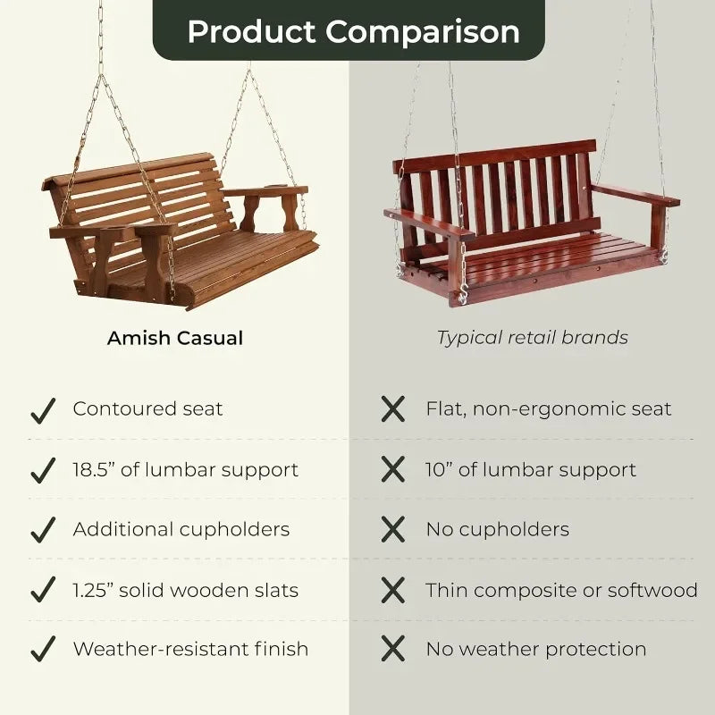 Amish Casual Heavy Duty 700 Lb Capacity Porch Swing with Cup Holders (4 Foot, Cedar Stain) – Wooden Outdoor Roll Back Swing