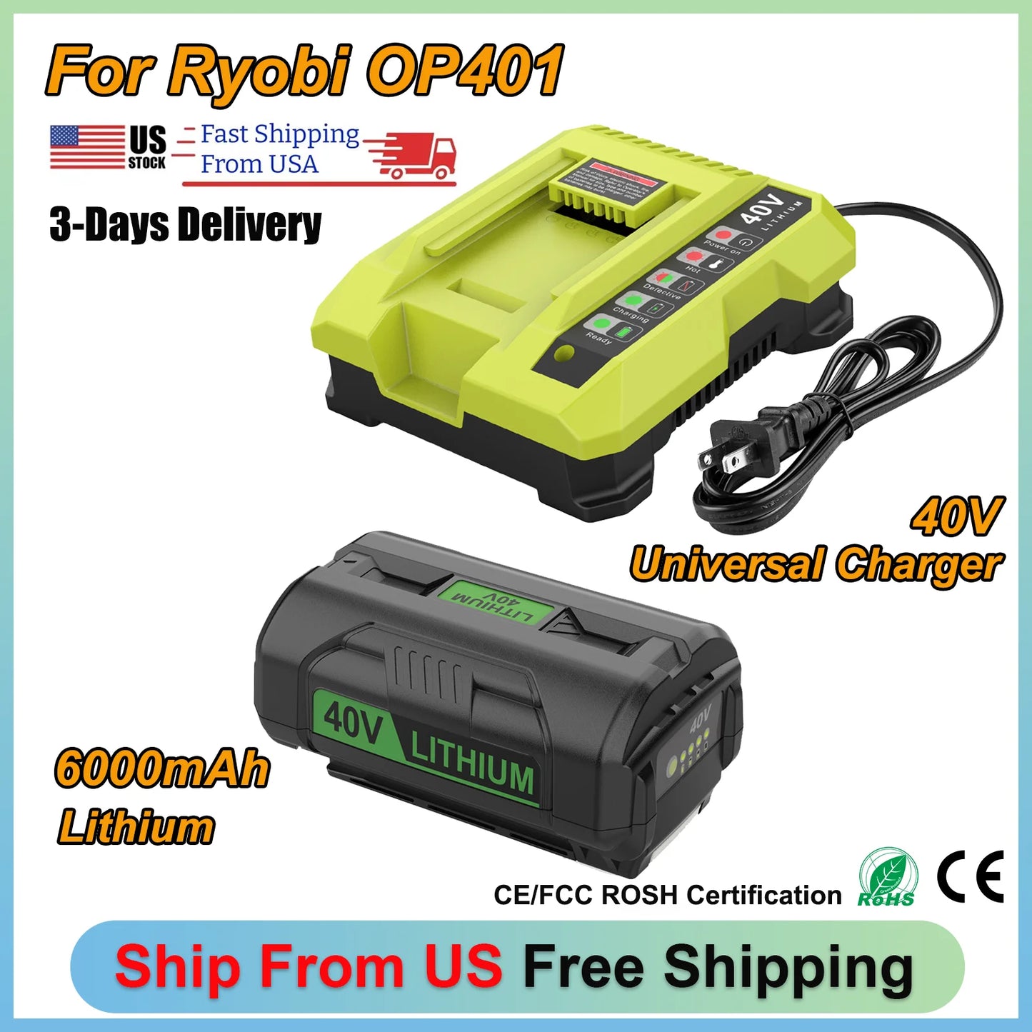 OP401 For Ryobi 40V Battery Charger with 6000mAh Rechargeable Battery Compatible For Ryobi Charger Kit OP4050A OP4040 OP4030