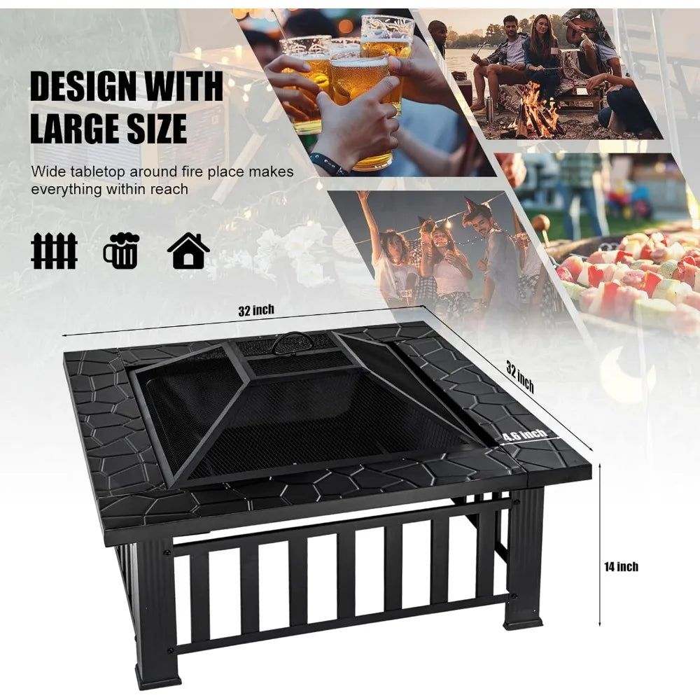 Panovue 32 Inch Square Metal Fire Pit Table - Multifunctional Outdoor Stove for Patio Backyard Garden Camping Heating Bonfire