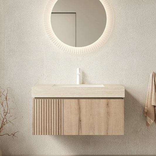 36in Wall Mounted Bathroom Vanity with Sink Ceramic Basin Travertine Countertop Storage Drawer Door Light Wood Customized
