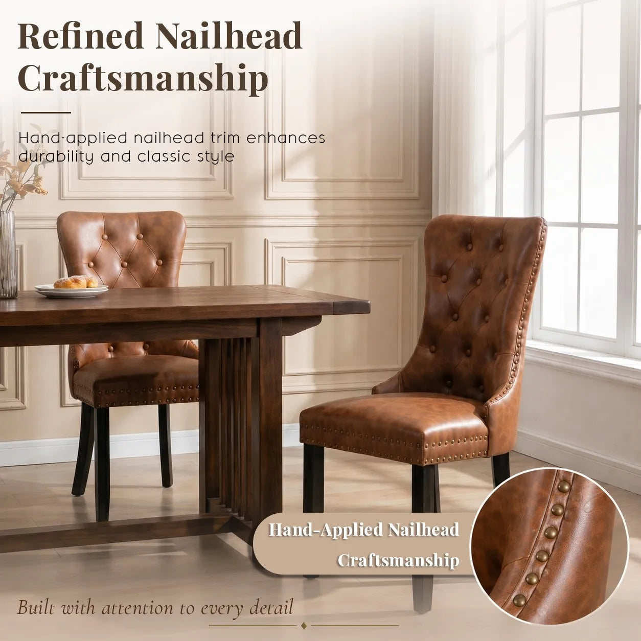 Set of 2 Tufted Faux Leather Dining Chairs with Nailhead Trim, Upholstered Side Chairs