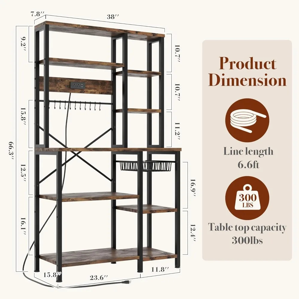 Kitchen Bakers Rack with Storage, 6-Tier Coffee Bar Station with Power Outlet, Microwave Stand with 12 S-Shaped Hooks, Open Kitc