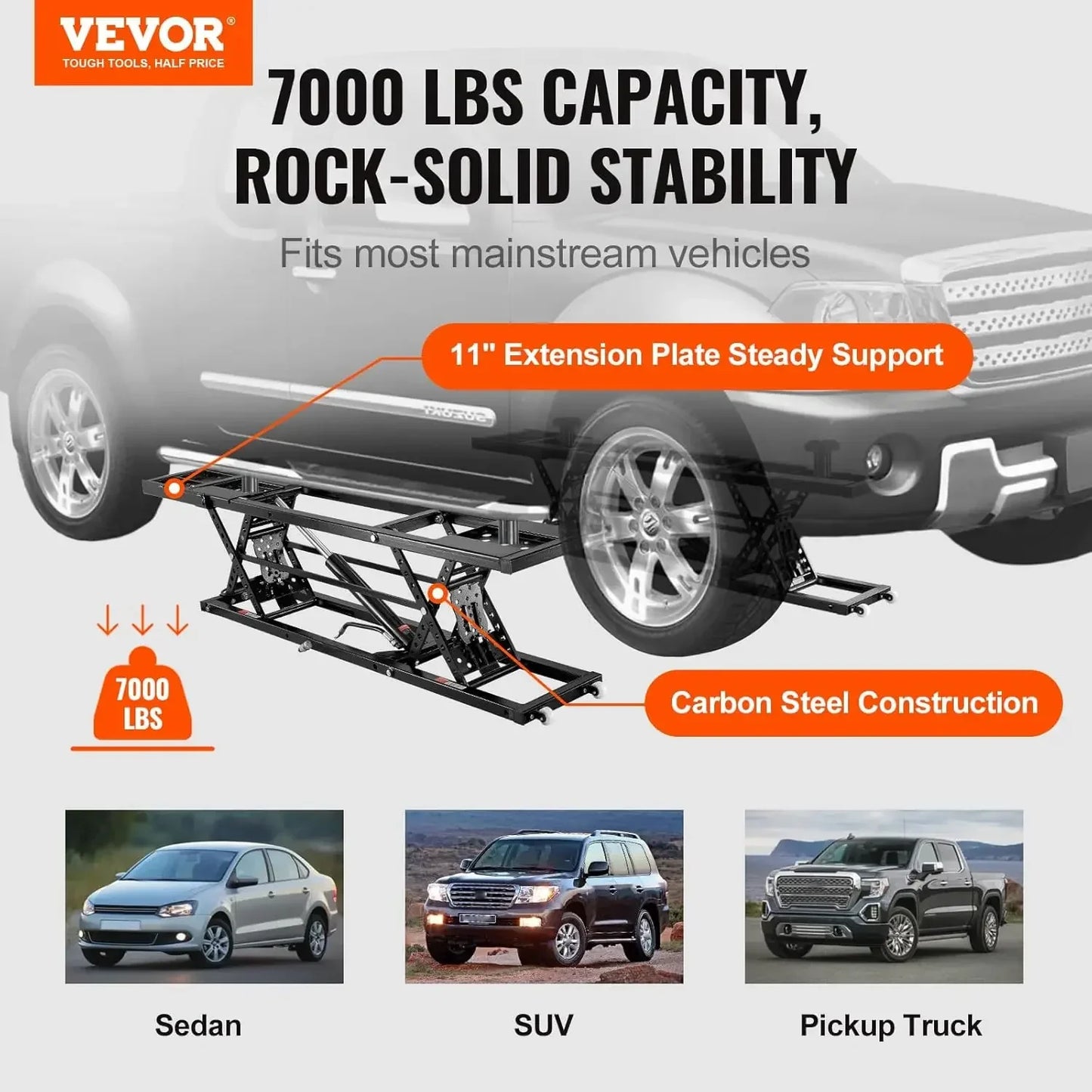 Bestseller7000 LBS Capacity Portable Car Lift, 26.8" Max. Height, with Extended-Length Plates, Heavy-Duty Carbon Steel Truck