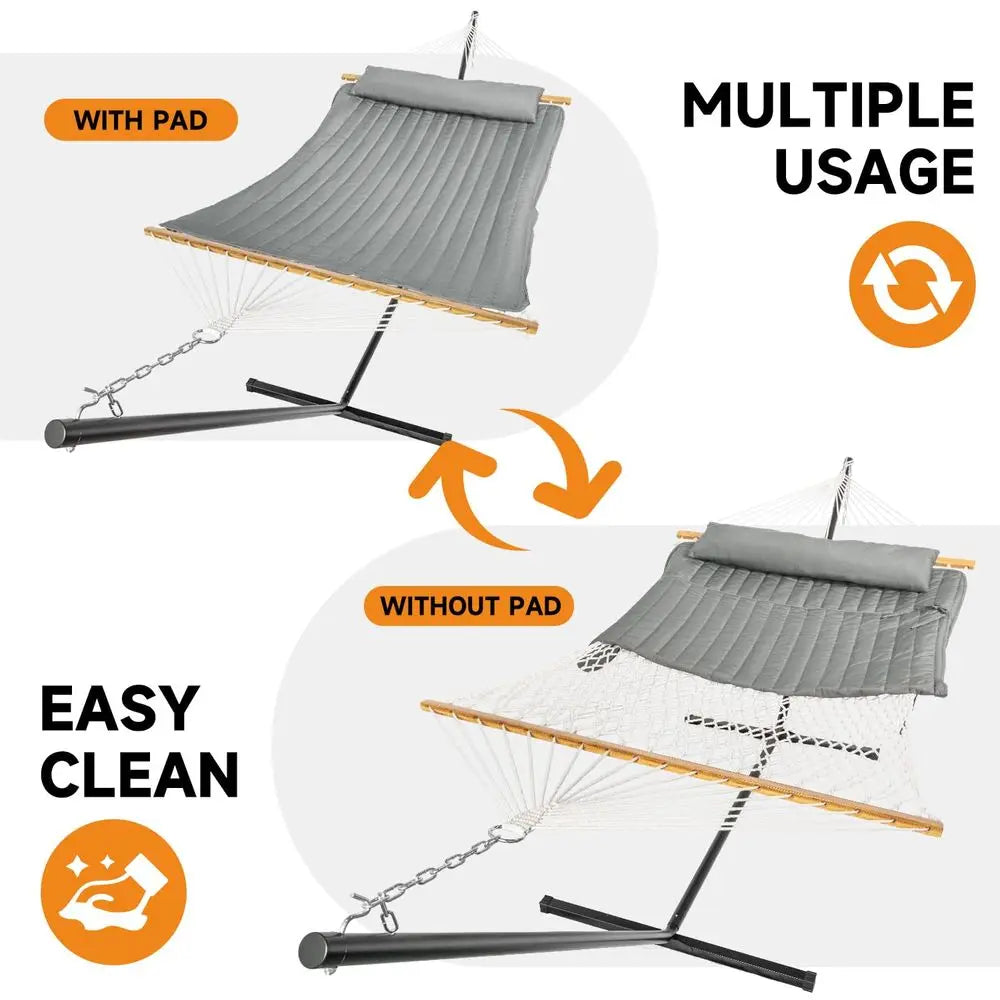 2 Person Outdoor Hammock with Stand, Cotton Rope Hammock with Polyester Pad, Adjustable Steel Frame, Portable with Carrying Bag