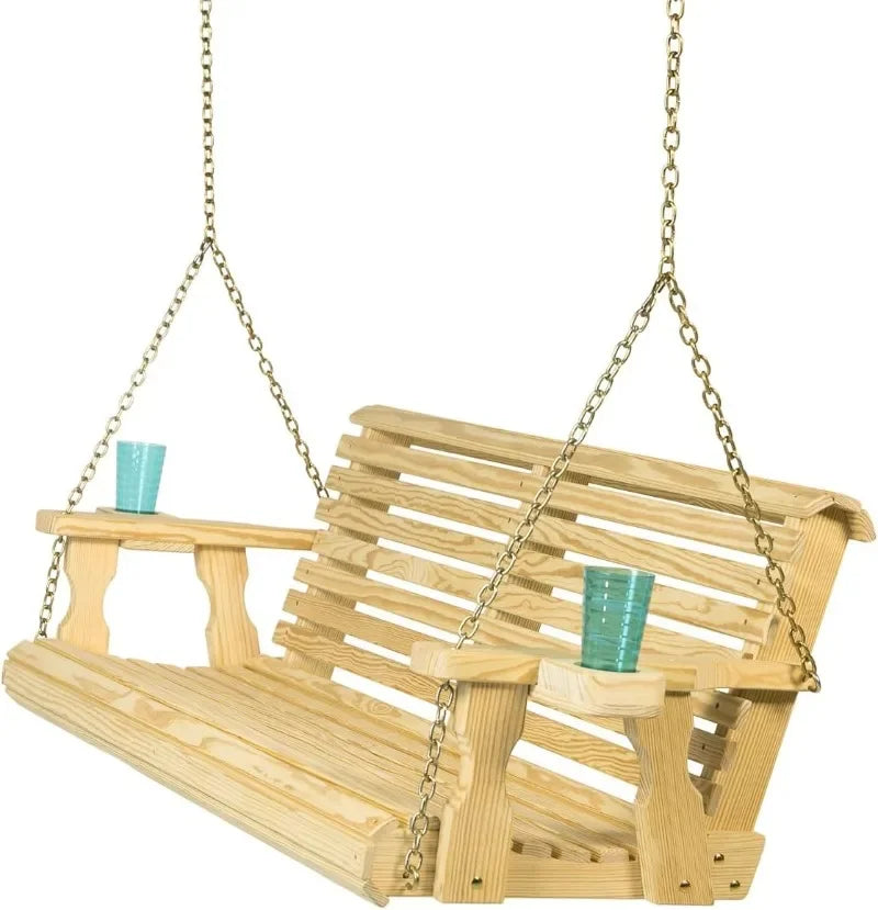 Amish Casual Heavy Duty 700 Lb Capacity Porch Swing with Cup Holders (4 Foot, Cedar Stain) – Wooden Outdoor Roll Back Swing