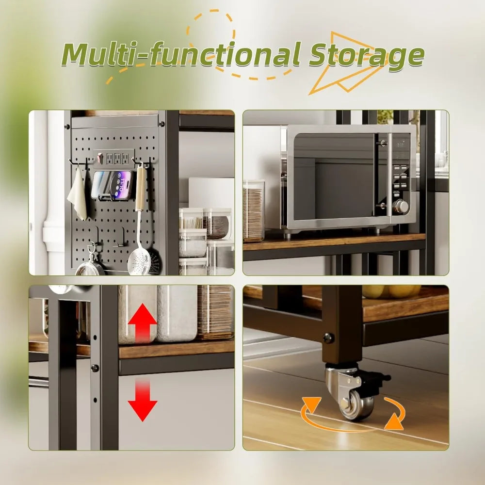 Kitchen Bakers Rack with Power Outlet,With pegboard Bakers Racks, Free Standing Kitchen Storage Shelf Rack, for Living Room, Din